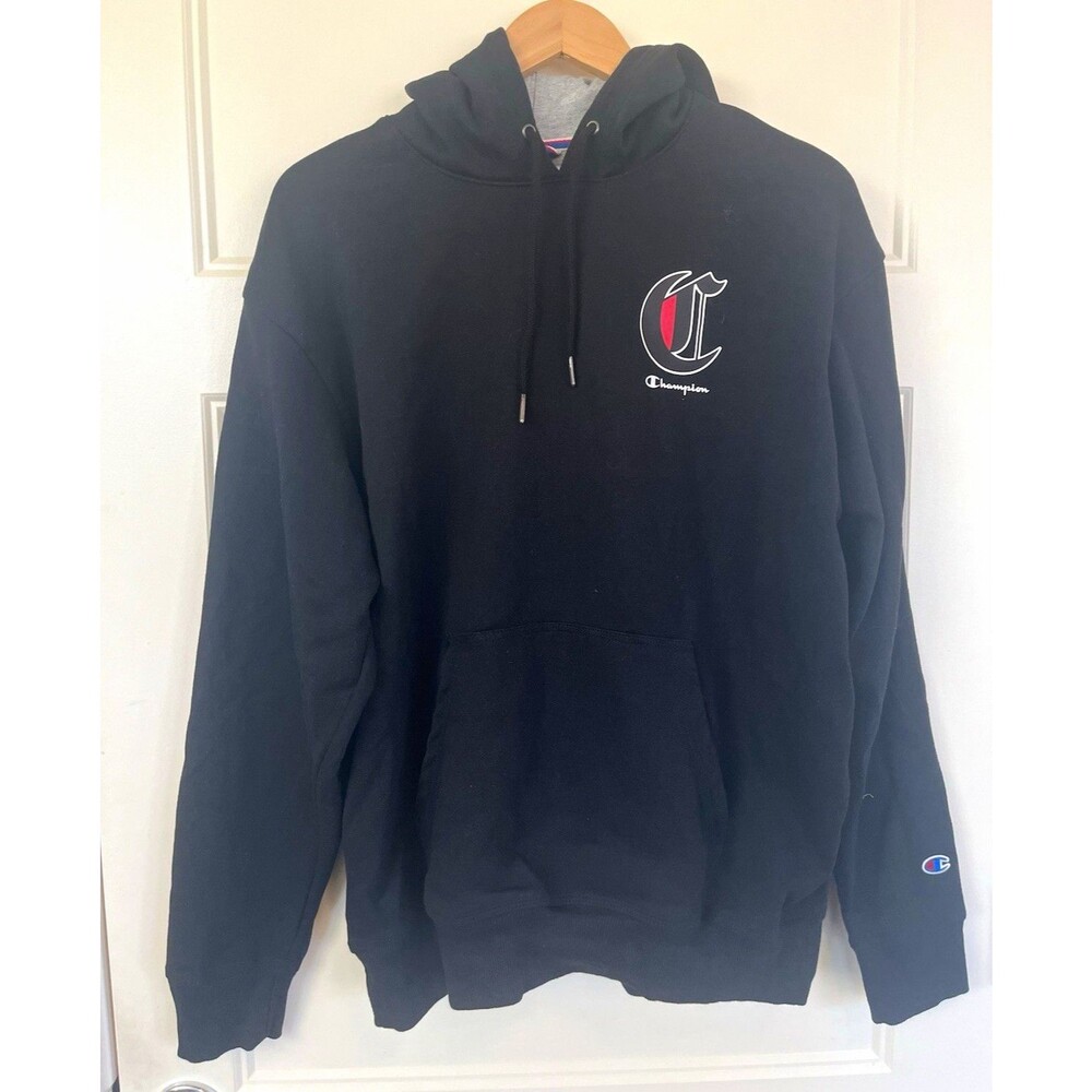 Champion Mens Black Graphic Print Logo Pullover Hoodie w/ Pockets Size L